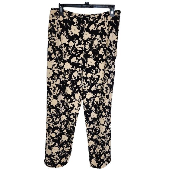 Womens Pants Size 10 Black Tan Floral Silk Stretch Side Zipper High Rise Tapered - Picture 1 of 10